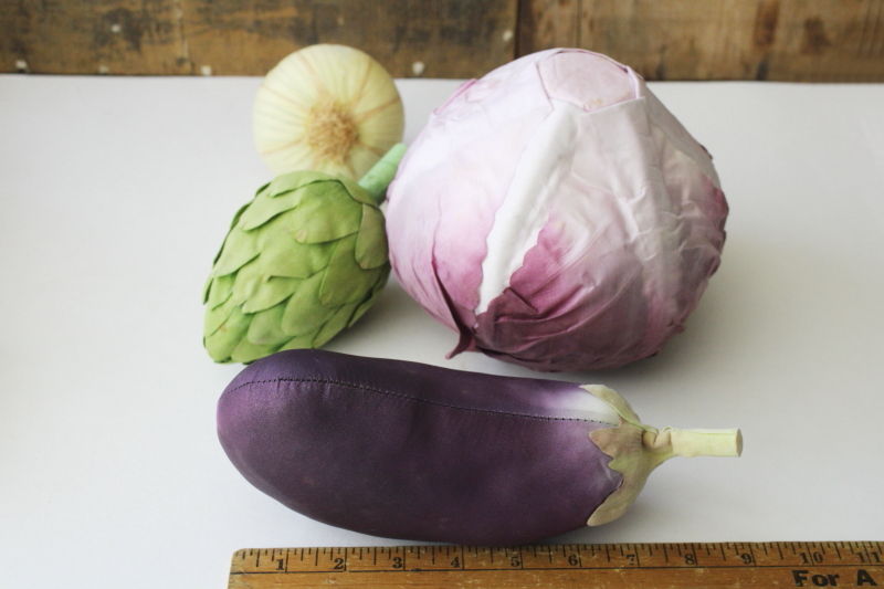 photo of faux silk vegetables, life size eggplant, artichoke, onion, red cabbage, photo prop kitchen decor #4