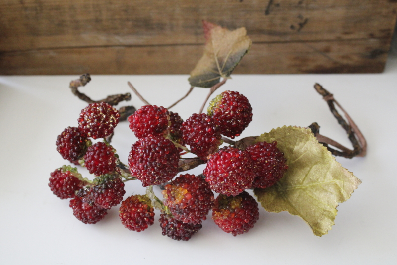 photo of faux sugar beaded fruit, red raspberries berry branch larger than life size, vine & twigs w/ leaves  #1