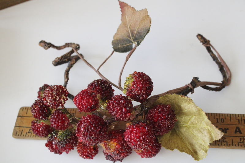 photo of faux sugar beaded fruit, red raspberries berry branch larger than life size, vine & twigs w/ leaves  #2