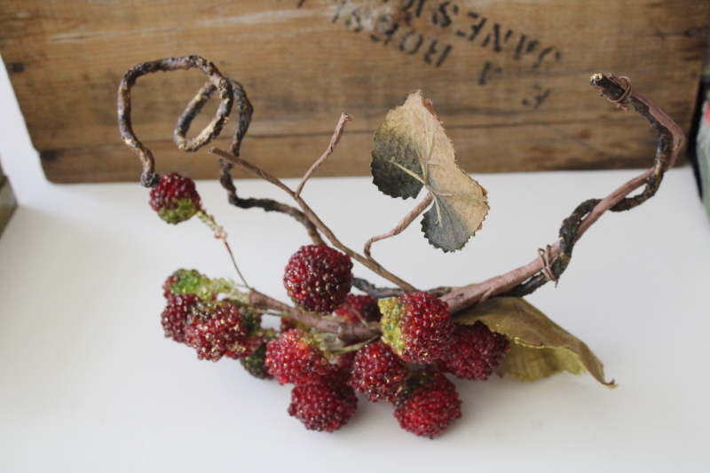 photo of faux sugar beaded fruit, red raspberries berry branch larger than life size, vine & twigs w/ leaves  #3
