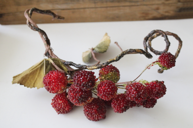 photo of faux sugar beaded fruit, red raspberries berry branch larger than life size, vine & twigs w/ leaves  #4