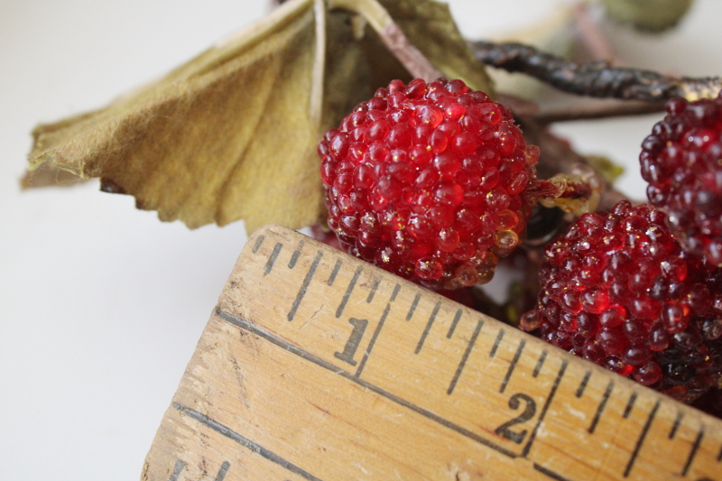 photo of faux sugar beaded fruit, red raspberries berry branch larger than life size, vine & twigs w/ leaves  #5