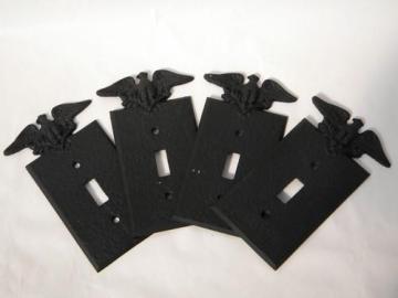 catalog photo of federal eagle black cast metal light switch plates covers, new old stock vintage