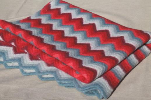 photo of felted vintage crochet wool afghan throw blanket, red & grey chevron stripes #1