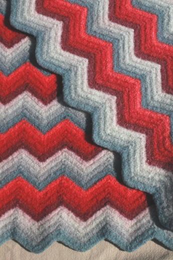 photo of felted vintage crochet wool afghan throw blanket, red & grey chevron stripes #3