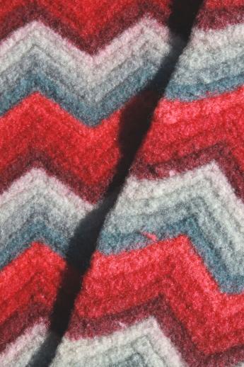 photo of felted vintage crochet wool afghan throw blanket, red & grey chevron stripes #4