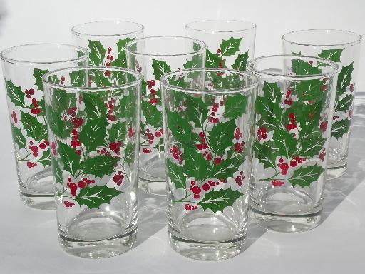 photo of festive Christmas holly glasses, retro glass tumblers set of 8 #1