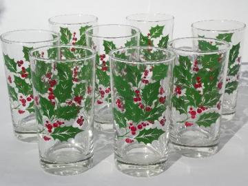 catalog photo of festive Christmas holly glasses, retro glass tumblers set of 8