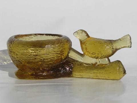 photo of figural bird and nest egg cup, vintage amber pressed glass egg holder #1