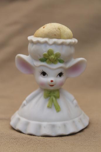 photo of figural china pincushion, tiny mouse lady w/ pin cushion cap, vintage Enesco? #1