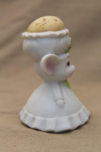 photo of figural china pincushion, tiny mouse lady w/ pin cushion cap, vintage Enesco? #2