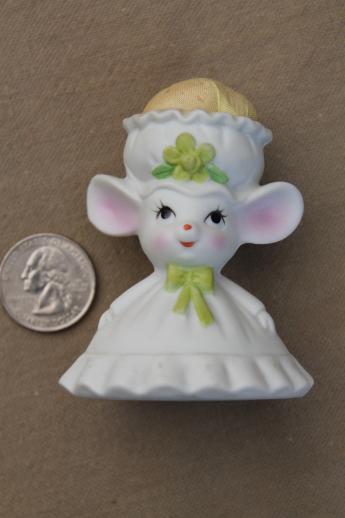 photo of figural china pincushion, tiny mouse lady w/ pin cushion cap, vintage Enesco? #7