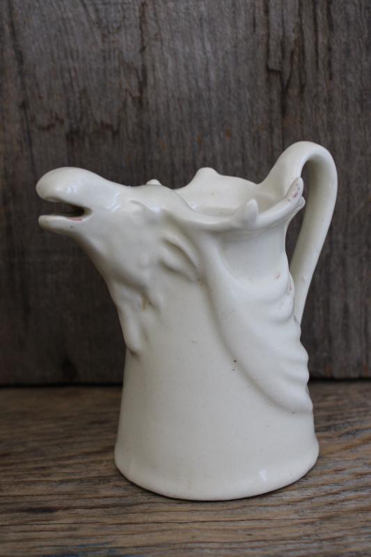 photo of figural moose pitcher, vintage matte ivory white pottery creamer, rustic decor #1