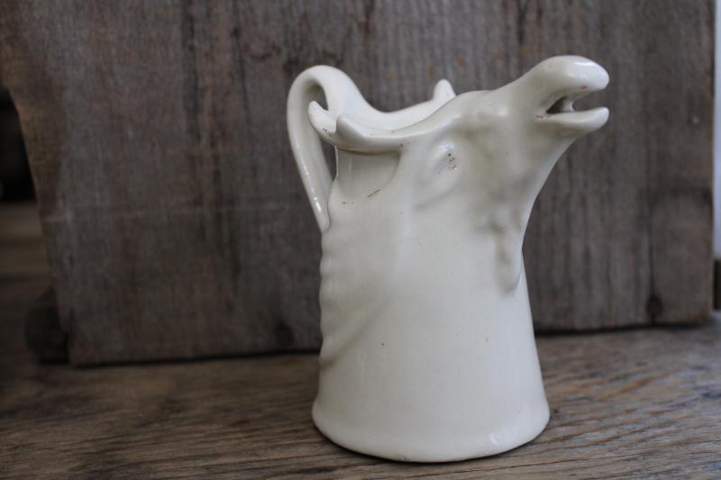 photo of figural moose pitcher, vintage matte ivory white pottery creamer, rustic decor #4