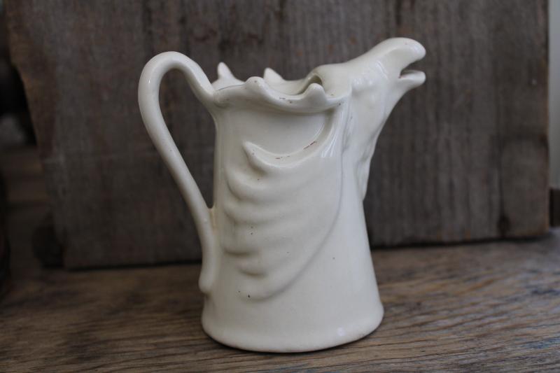 photo of figural moose pitcher, vintage matte ivory white pottery creamer, rustic decor #6