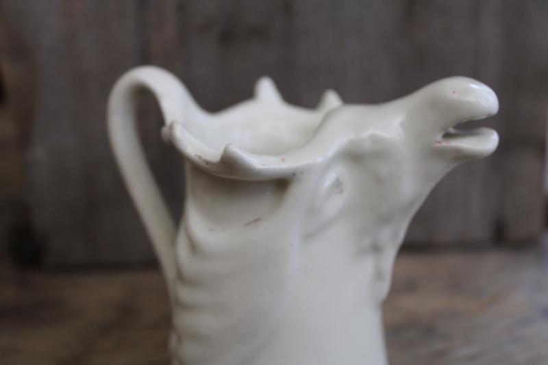 photo of figural moose pitcher, vintage matte ivory white pottery creamer, rustic decor #8