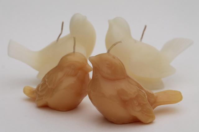 photo of figural wax bird candles, alabaster white & deep ivory colored dove candle lot #1