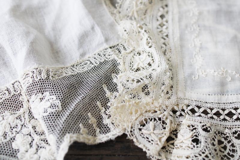 photo of fine cotton hankies w/ lace & white work embroidery, antique vintage ladies #2
