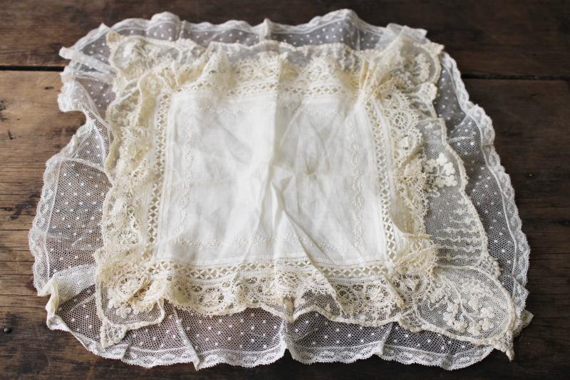 photo of fine cotton hankies w/ lace & white work embroidery, antique vintage ladies #4