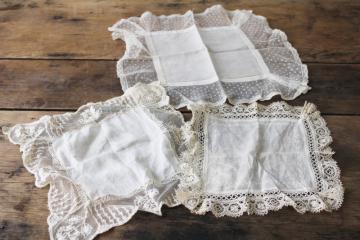 catalog photo of fine cotton hankies w/ lace & white work embroidery, antique vintage ladies