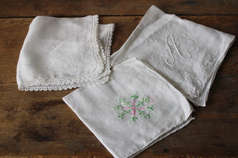photo of fine handkerchief linen hankies, lace edging, white on white embroidery A monogram cotton hanky  #1