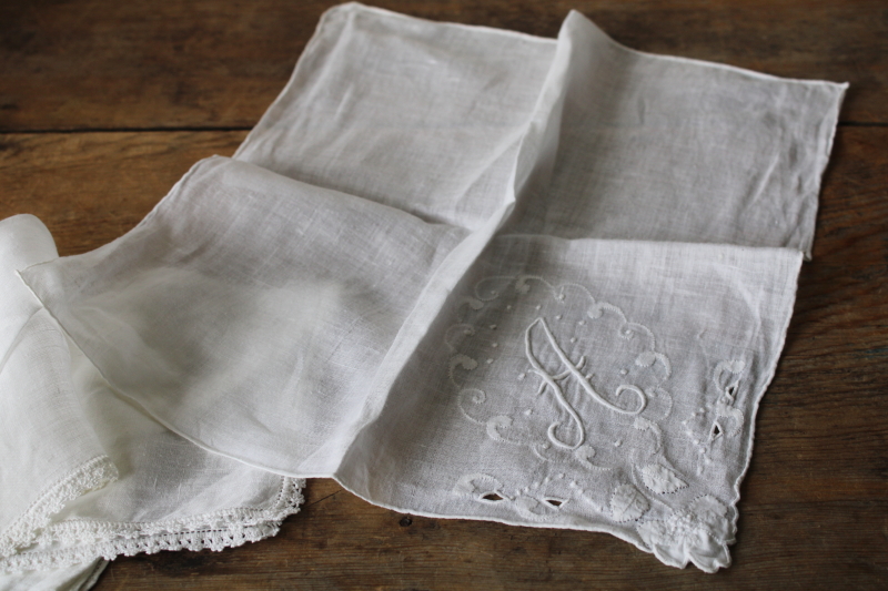 photo of fine handkerchief linen hankies, lace edging, white on white embroidery A monogram cotton hanky #4