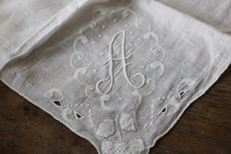 photo of fine handkerchief linen hankies, lace edging, white on white embroidery A monogram cotton hanky #5