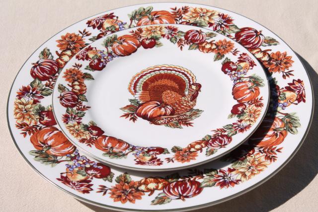 photo of fine stoneware Thanksgiving china dinnerware w/ turkey & fall harvest pumpkins #6
