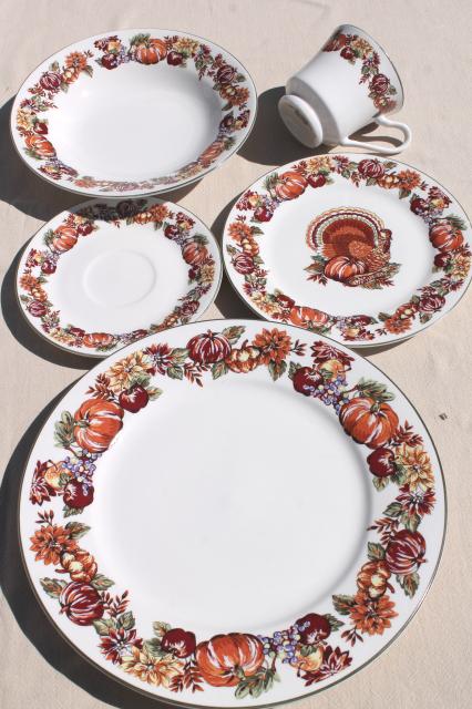photo of fine stoneware Thanksgiving china dinnerware w/ turkey & fall harvest pumpkins #8