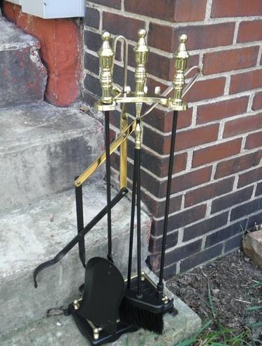 photo of fireplace tool set, broom, shovel, poker, tongs w/ brass plated handles #1