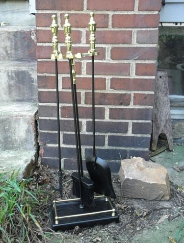 photo of fireplace tool set, broom, shovel, poker, tongs w/ brass plated handles #3