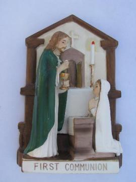 catalog photo of first communion religious china scene wall plaque, vintage hand-painted Japan