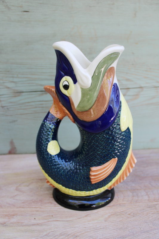 photo of fish shaped gluggle jug, Wade ceramics vintage hand painted figural pitcher #1