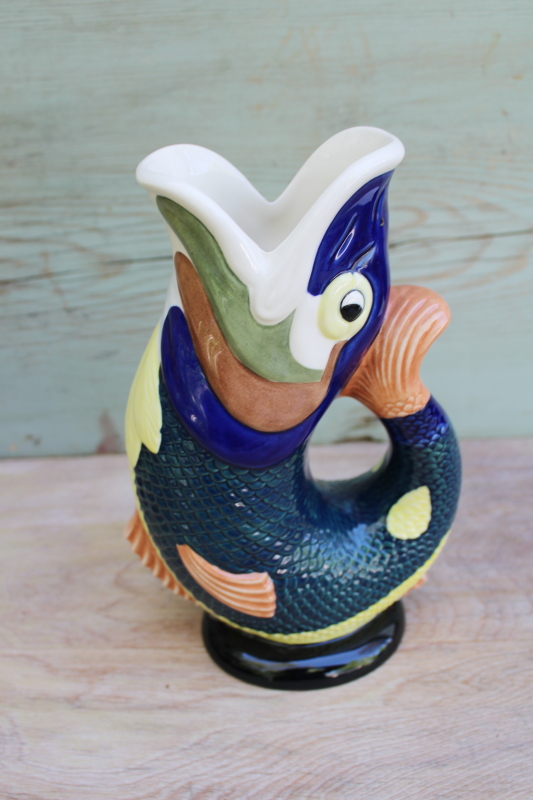 photo of fish shaped gluggle jug, Wade ceramics vintage hand painted figural pitcher #3