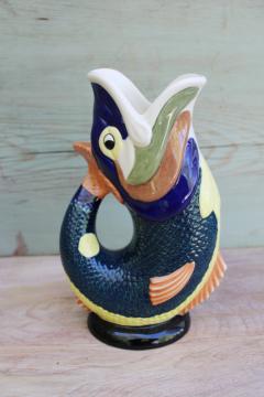 fish shaped gluggle jug, Wade ceramics vintage hand painted figural pitcher