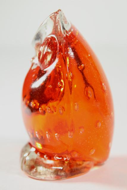 photo of flame orange hand blown art glass paper weight figurine, retro owl figure #4