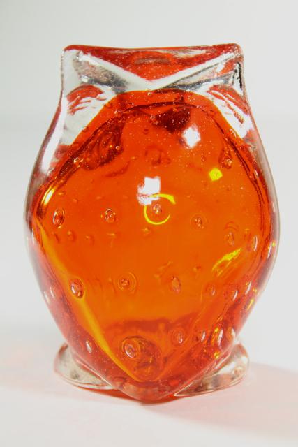 photo of flame orange hand blown art glass paper weight figurine, retro owl figure #5