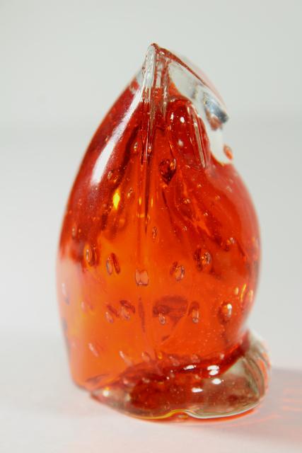 photo of flame orange hand blown art glass paper weight figurine, retro owl figure #6