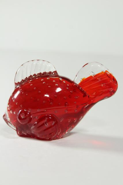 photo of flame red orange goldfish paperweight, controlled bubbles art glass figurine #1