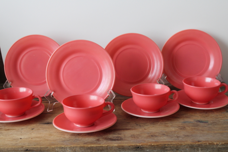 photo of flamingo pink platonite milk glass dishes, MCM vintage Hazel Atlas plates, cups & saucers set for 4  #1