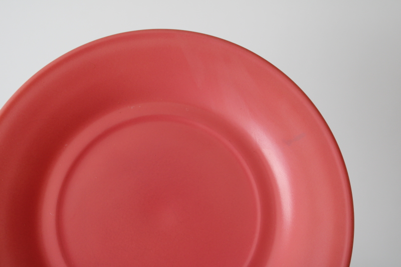 photo of flamingo pink platonite milk glass dishes, MCM vintage Hazel Atlas plates, cups & saucers set for 4  #3