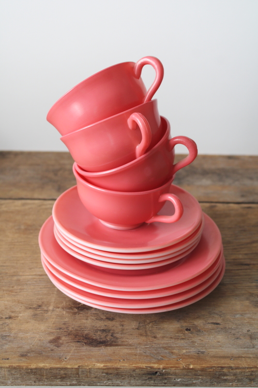 photo of flamingo pink platonite milk glass dishes, MCM vintage Hazel Atlas plates, cups & saucers set for 4  #4
