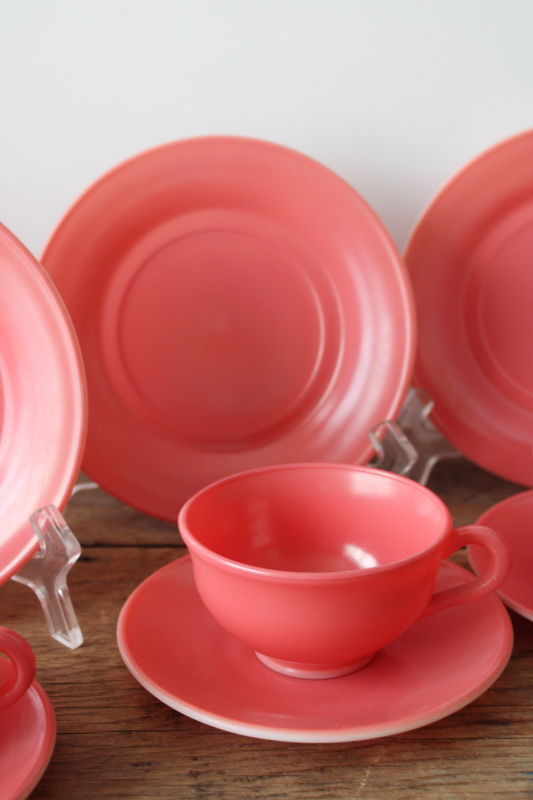photo of flamingo pink platonite milk glass dishes, MCM vintage Hazel Atlas plates, cups & saucers set for 4  #5