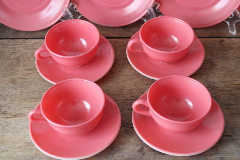 photo of flamingo pink platonite milk glass dishes, MCM vintage Hazel Atlas plates, cups & saucers set for 4  #6