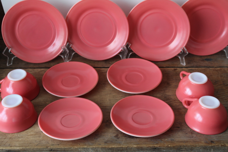 photo of flamingo pink platonite milk glass dishes, MCM vintage Hazel Atlas plates, cups & saucers set for 4  #7