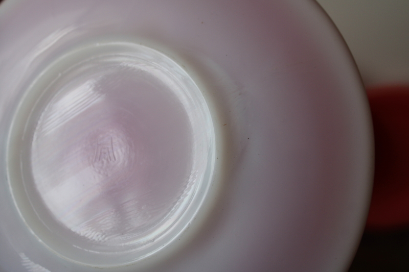 photo of flamingo pink platonite milk glass dishes, MCM vintage Hazel Atlas plates, cups & saucers set for 4  #8