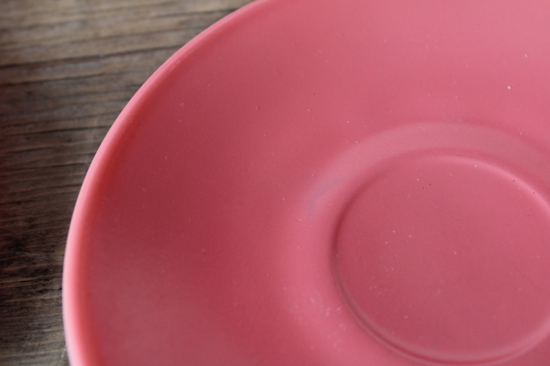 photo of flamingo pink platonite milk glass dishes, MCM vintage Hazel Atlas plates, cups & saucers set for 4  #9