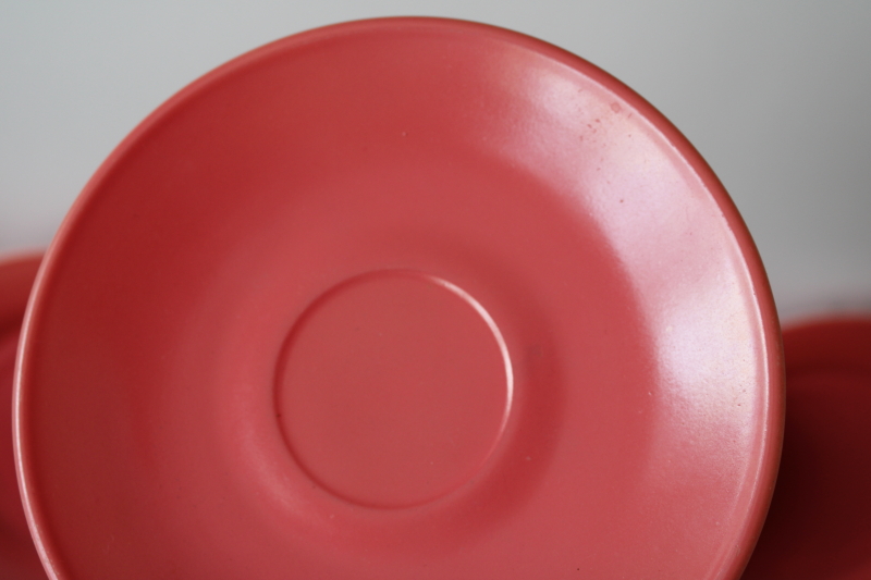 photo of flamingo pink platonite milk glass dishes, MCM vintage Hazel Atlas plates, cups & saucers set for 4  #10