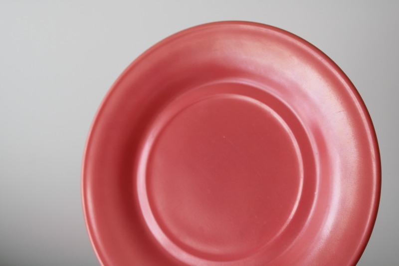 photo of flamingo pink platonite milk glass dishes, MCM vintage Hazel Atlas plates, cups & saucers set for 4  #12