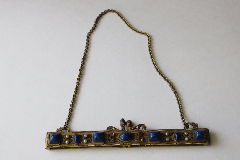photo of flapper era vintage evening bag purse frame, gold tone metal w/ lapis blue faux gemstone cabochons  #1